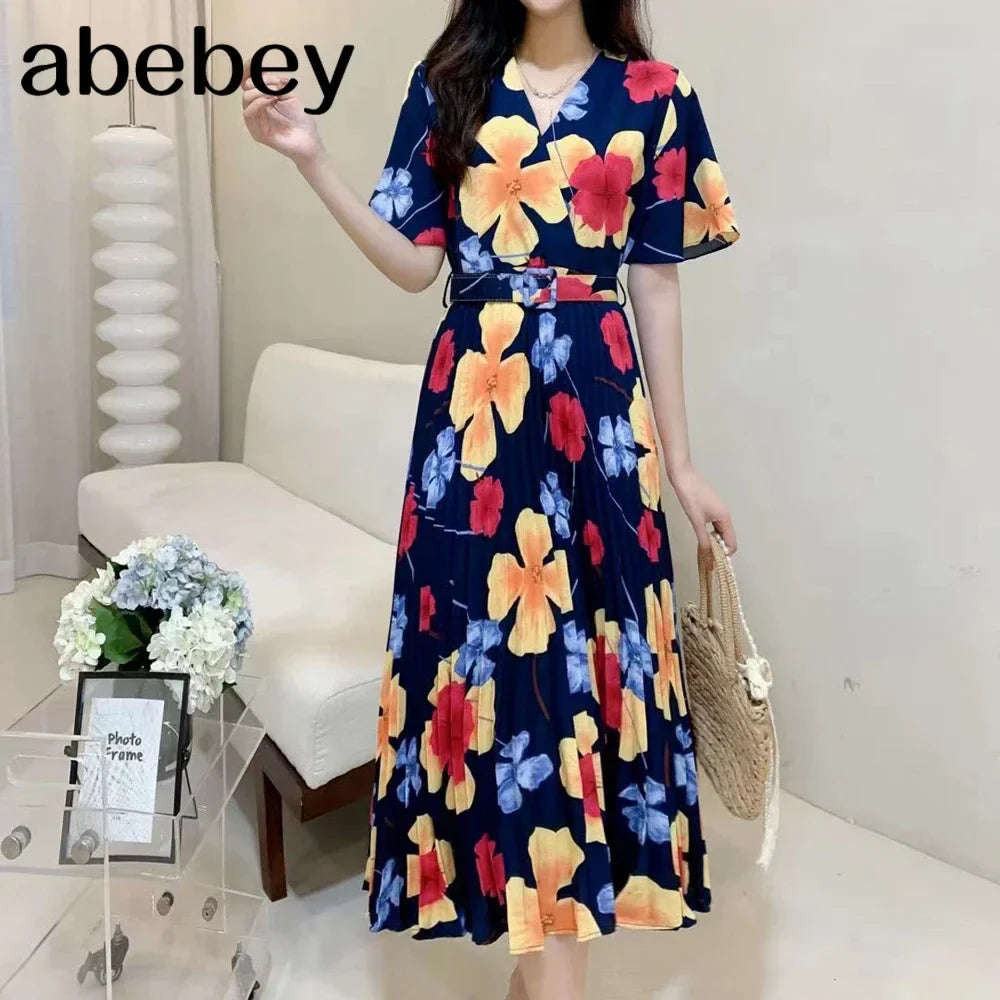 Women Dress Fashion Vintage Ins Bandage Slim Waist A-line Long Dress Vacation Beach Summer Outfits Lady Robe Femme