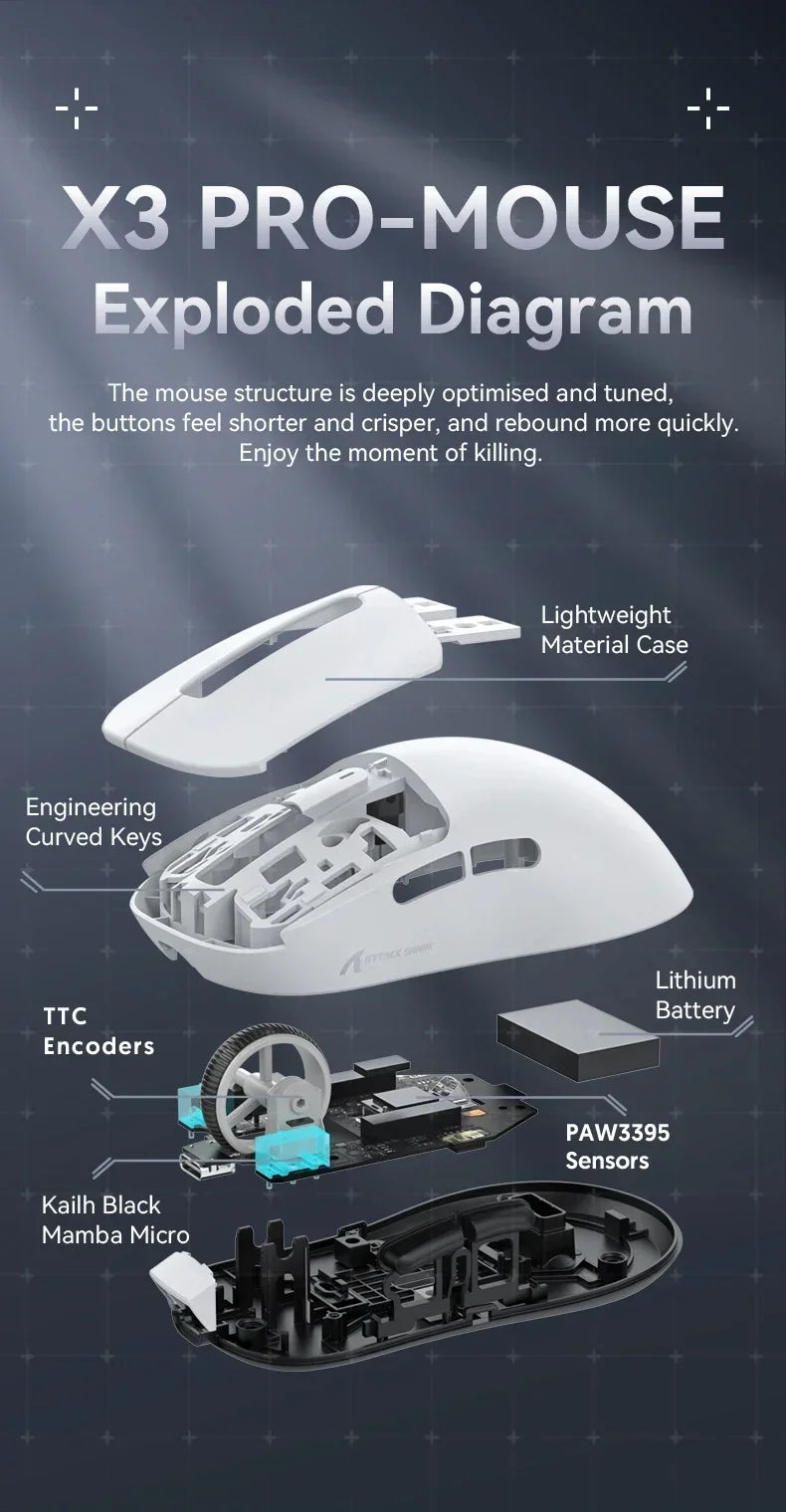 Attack Shark X3Pro Wireless  Gaming Mouse PixArt PAW3395 26000dpi Bluetooth Optical Mouse Tri-Mode Connection Macro Gaming Mouse