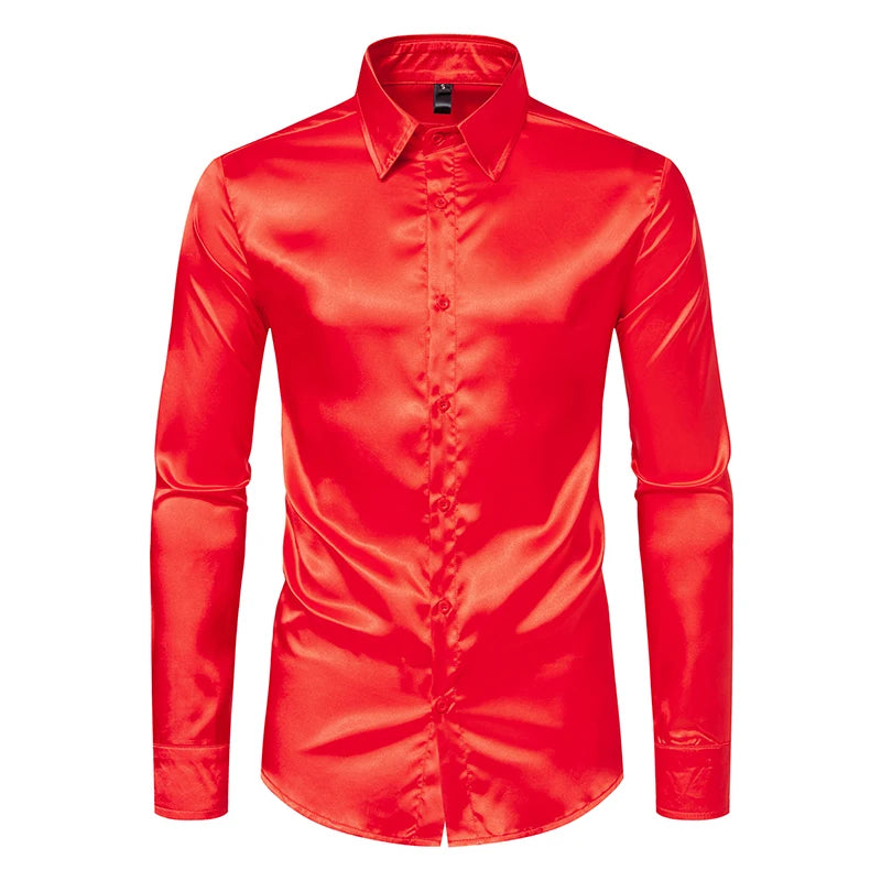 Blackout Luxe: Men’s High Gloss Satin Tuxedo Shirt – Dominate the Room, One Button at a Time - Premium shirt from dsers - Just $27.99! Shop now at Lizard Vigilante