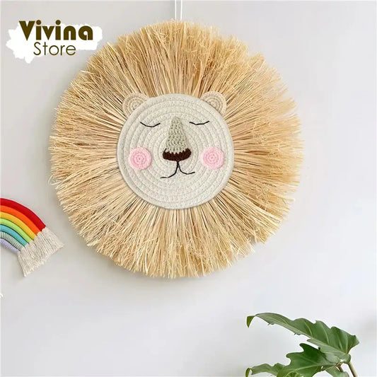 Nordic Hand Woven Lion Wall Hanging Ornaments Cartoon Animal Head Straw Weaving Children Room Wall Decor Tent Party Decoration