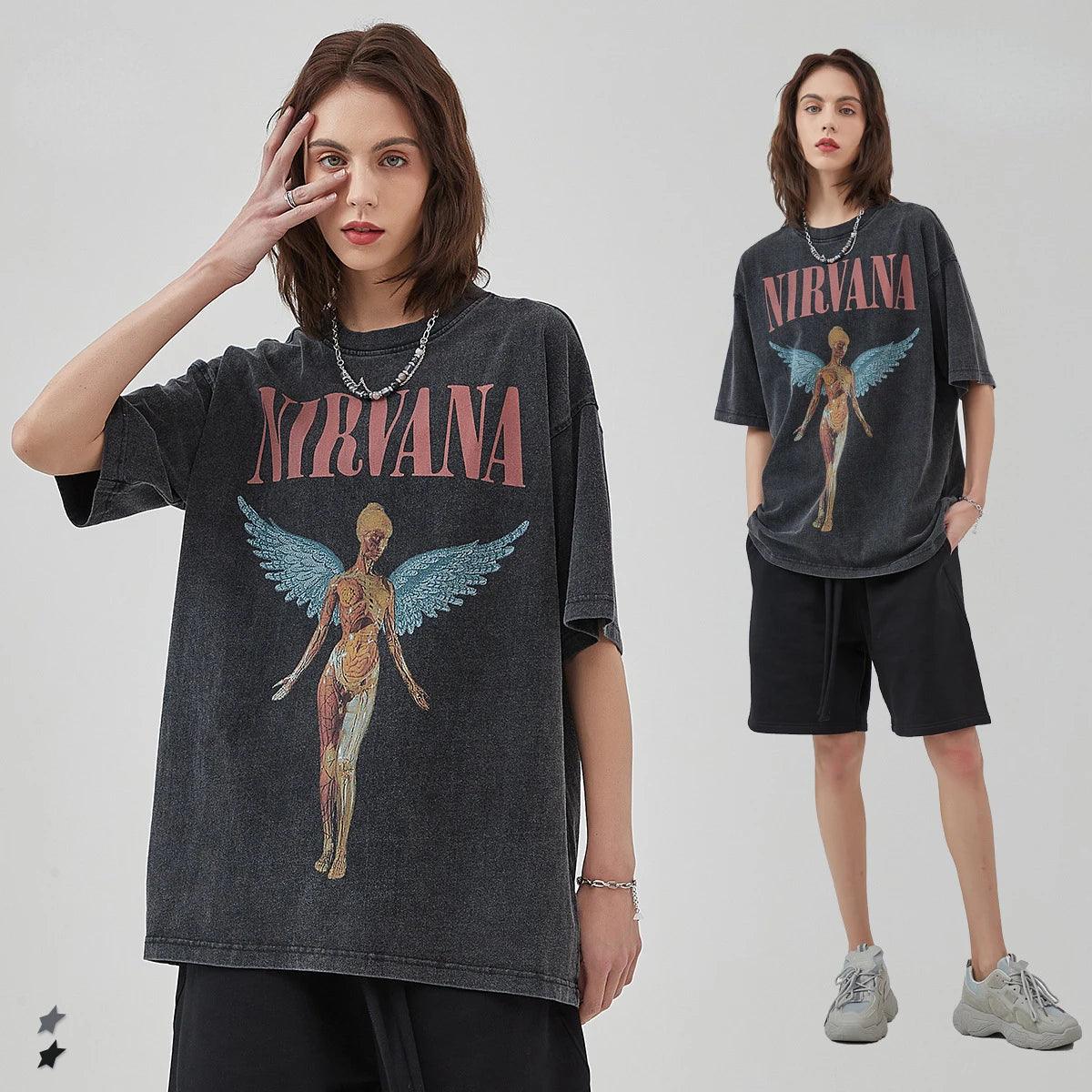 Nirvana T Shirt Streetwear Wash Water Distressed Rock Printing Retro Short Sleeves High Street Trendy Brand Breathable - Lizard Vigilante