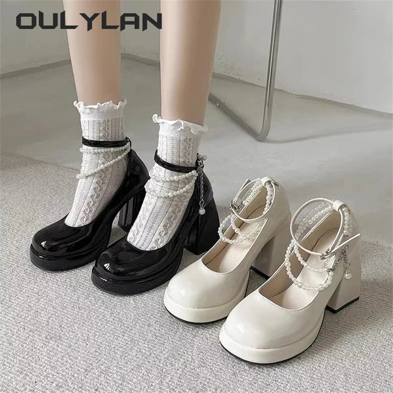 Oulylan New Ladies High Heels Elegant Toe Black High Heels Fashion Thick Heel Wedding Party Pearl Lace Wedding Shoe - Premium  from Lizard Vigilante - Just $37.99! Shop now at Lizard Vigilante