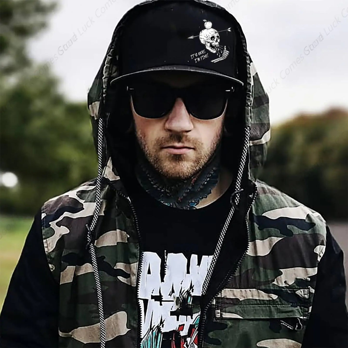 Skull Finger Snapback Trucker Cap – Skeleton Arrow Rock Hat by Lizard Vigilante