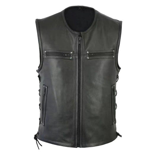 Men Motorcycle Leather Vest Solid Color Large Pocket Sleeveless Biker Jackets Punk Vintage PU Leather Vest Jackets Streetwear - Lizard Vigilante