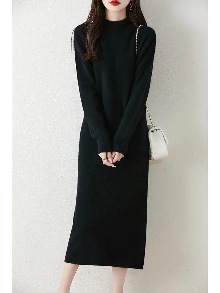 Autumn Winter Women's Wool Long Dress Cashmere Mock Neck Pullover Sweater 100% Merino Wool Soft Knitwear OL Simple Basic Dress