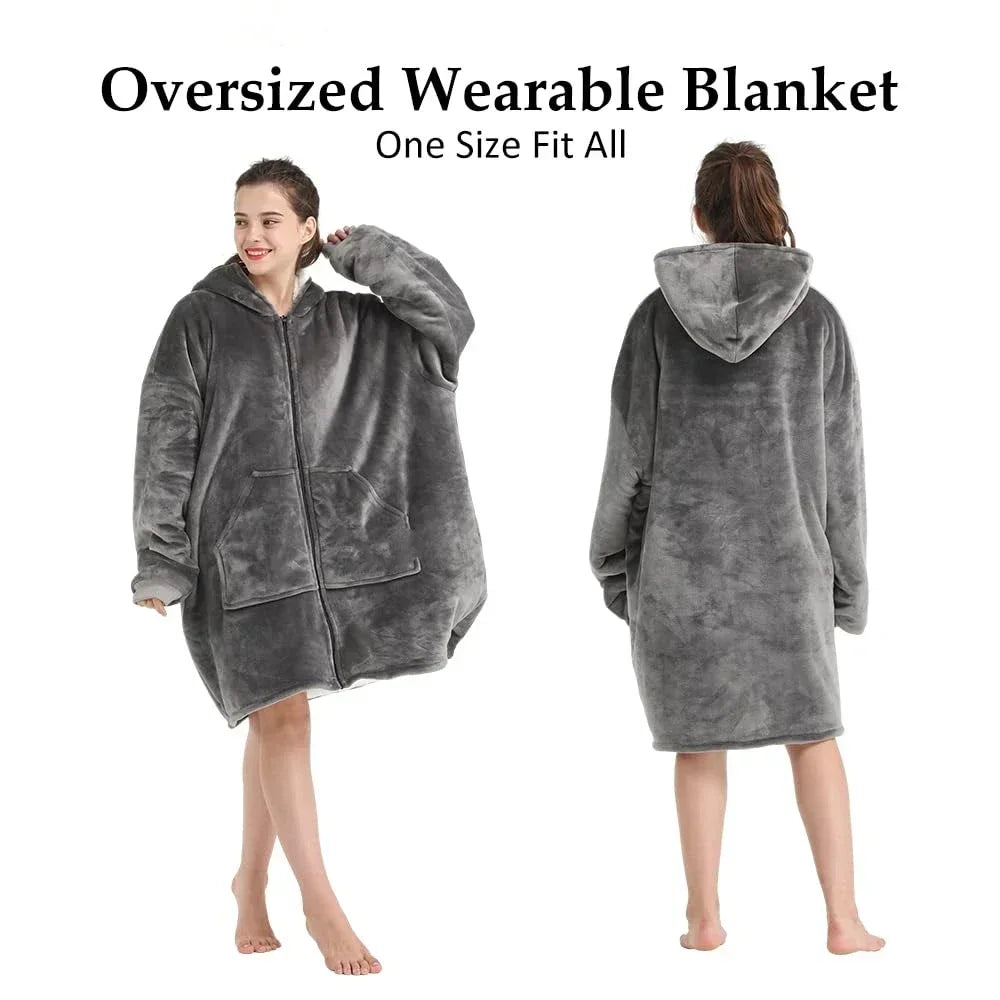 Hoodie Oversized Wearable Blanket Deep Pocket Comfy Sleeves Front Zipper Deluxe Fleece Sweatshirt Blanket Winter Blanket