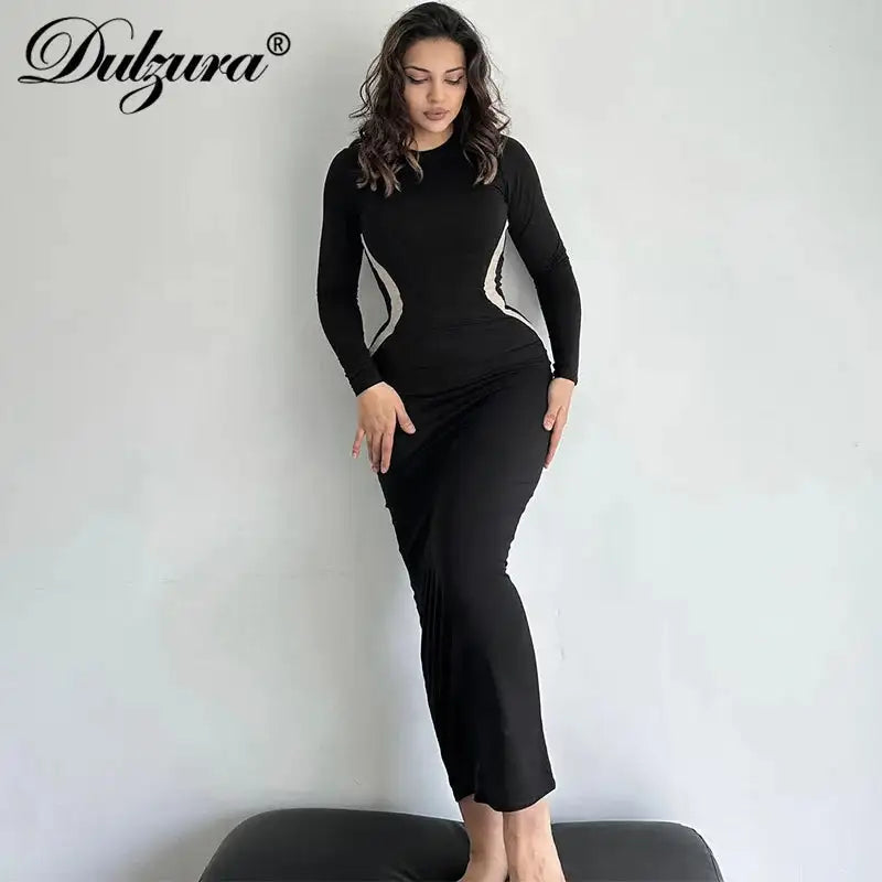 Hawthaw Women 2023 Autumn Winter Long Sleeve Party Club Streetwear Bodycon Black Long Dress Wholesale Items For Business