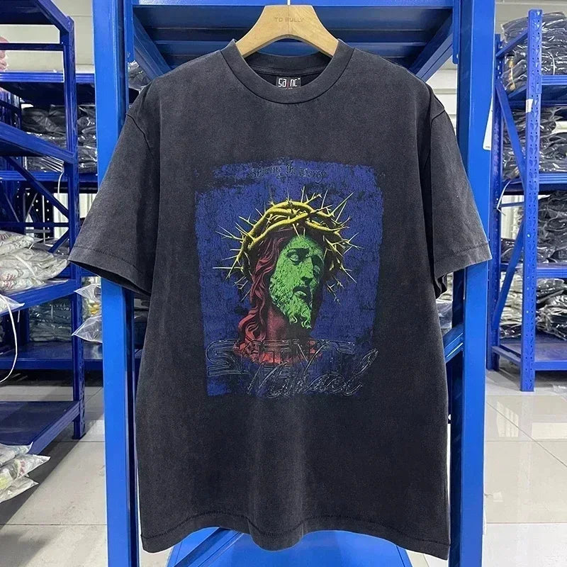 Men Women High Street Vintage Washed Black T-Shirt Top Quality Cototn TEE 3D Cracked Letters Logo Print Saint T Shirt With Tags - Premium  from Lizard Vigilante - Just $64.99! Shop now at Lizard Vigilante