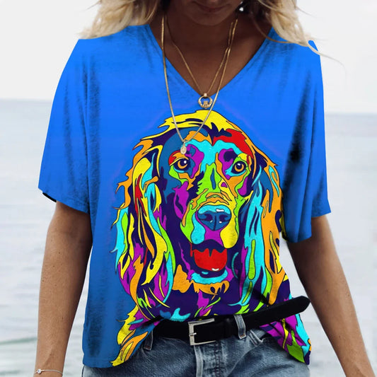 Summer 3D new women's V-neck top short sleeved T-shirt cute dog print casual cute versatile Y2K shirt - Premium T-shirt from Lizard Vigilante - Just $20.99! Shop now at Lizard Vigilante