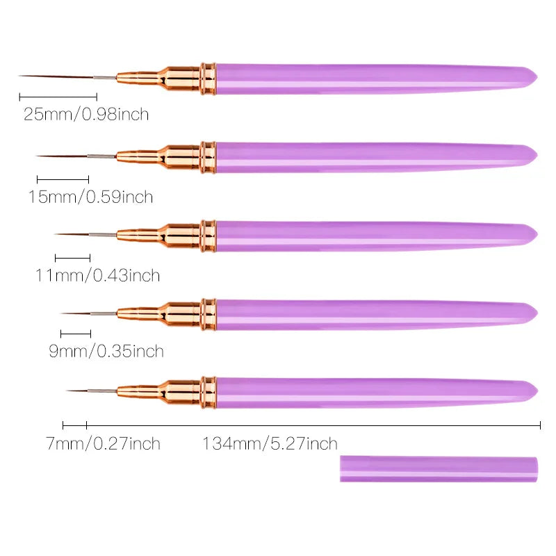 5Pcs Professional Nail Paint Liner Brush Set Small Polish Design Technique Fine Line Stripe Brushes for Nail Art Detailing