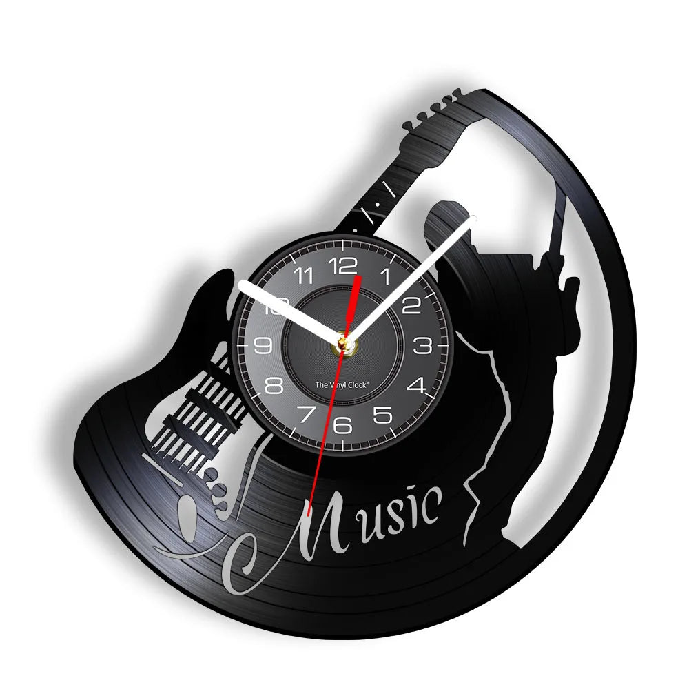 Guitar Player Vinyl Record Wall Clock: The Rock Music Instrument Wall Art for Your Living Room