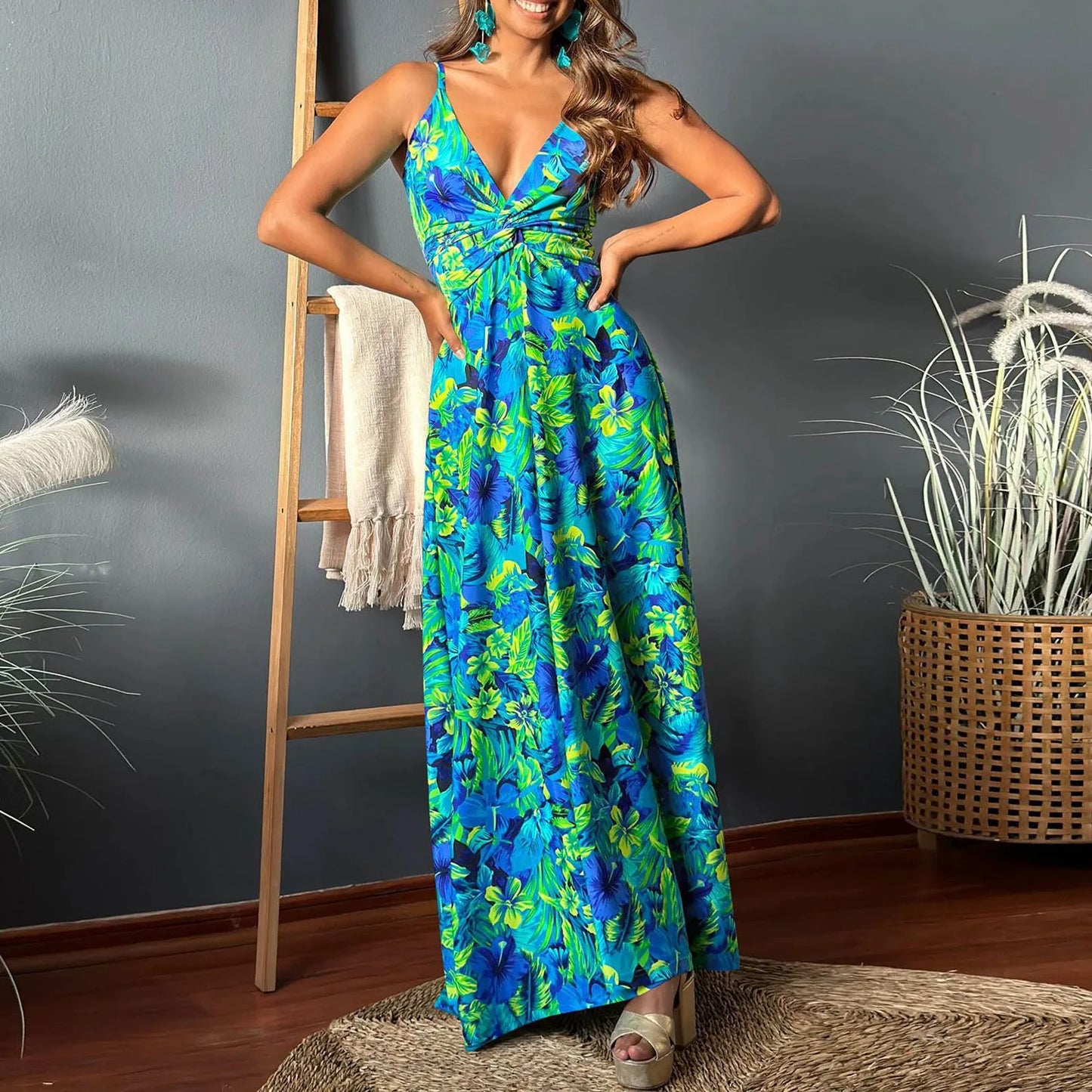 Boho Bliss! Spaghetti Strap Backless Maxi Dress – Floor-Length Floral Fantasy for Casual Holidays & Prom - Premium dress from Lizard Vigilante - Just $43.33! Shop now at Lizard Vigilante