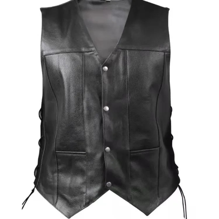 Men's Side Lace Denim Style Biker Leather Vest with Gun Pockets - Premium vest from Lizard Vigilante - Just $38.88! Shop now at Lizard Vigilante