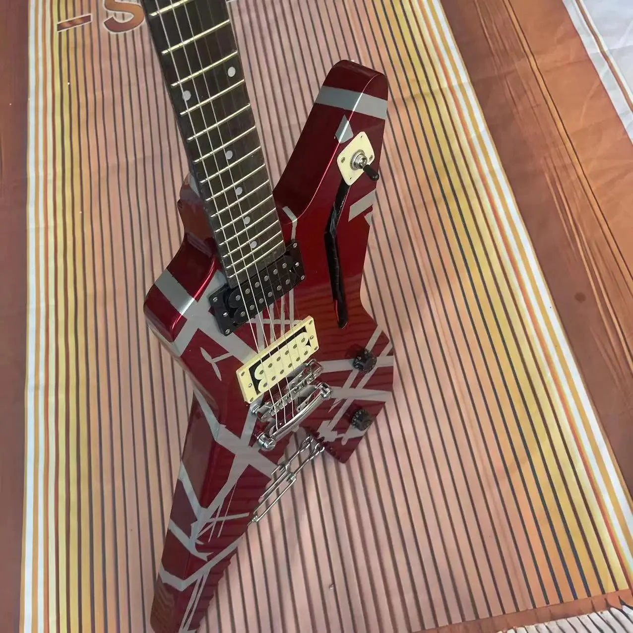 Red, White, & Black Striped Special Shaped 6-string Integrated Electric Guitar with a Eddie Van Metal Halen Red Body, High Gloss, Rosewood Fingerboard, Maple Wood Track - Premium Electric Guitar from dsers - Just $388.88! Shop now at Lizard Vigilante