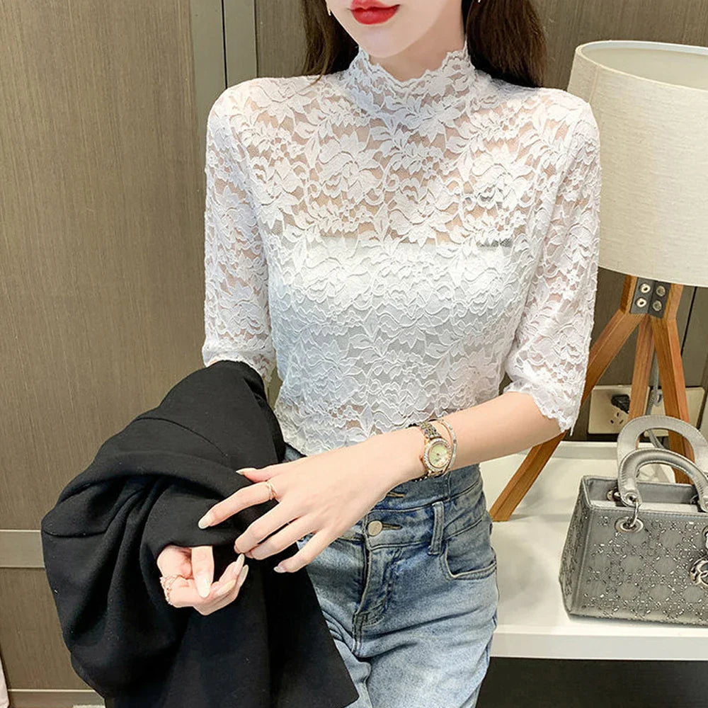 Women Stretch Turtleneck Petal Sleeve Shirt Women Blue Green White Black Flowers Lace T Shirt Ladies S-2XL Tops Fashion Ladies - Premium  from Lizard Vigilante - Just $6.99! Shop now at Lizard Vigilante