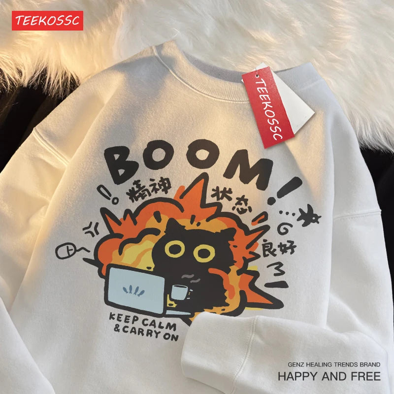 Funny Cat Sweatshirt - Good Mental State BOOM Cartoon Fleece Oversized Hoodie for Men & Women - Premium sweatshirt from Lizard Vigilante - Just $36.66! Shop now at Lizard Vigilante