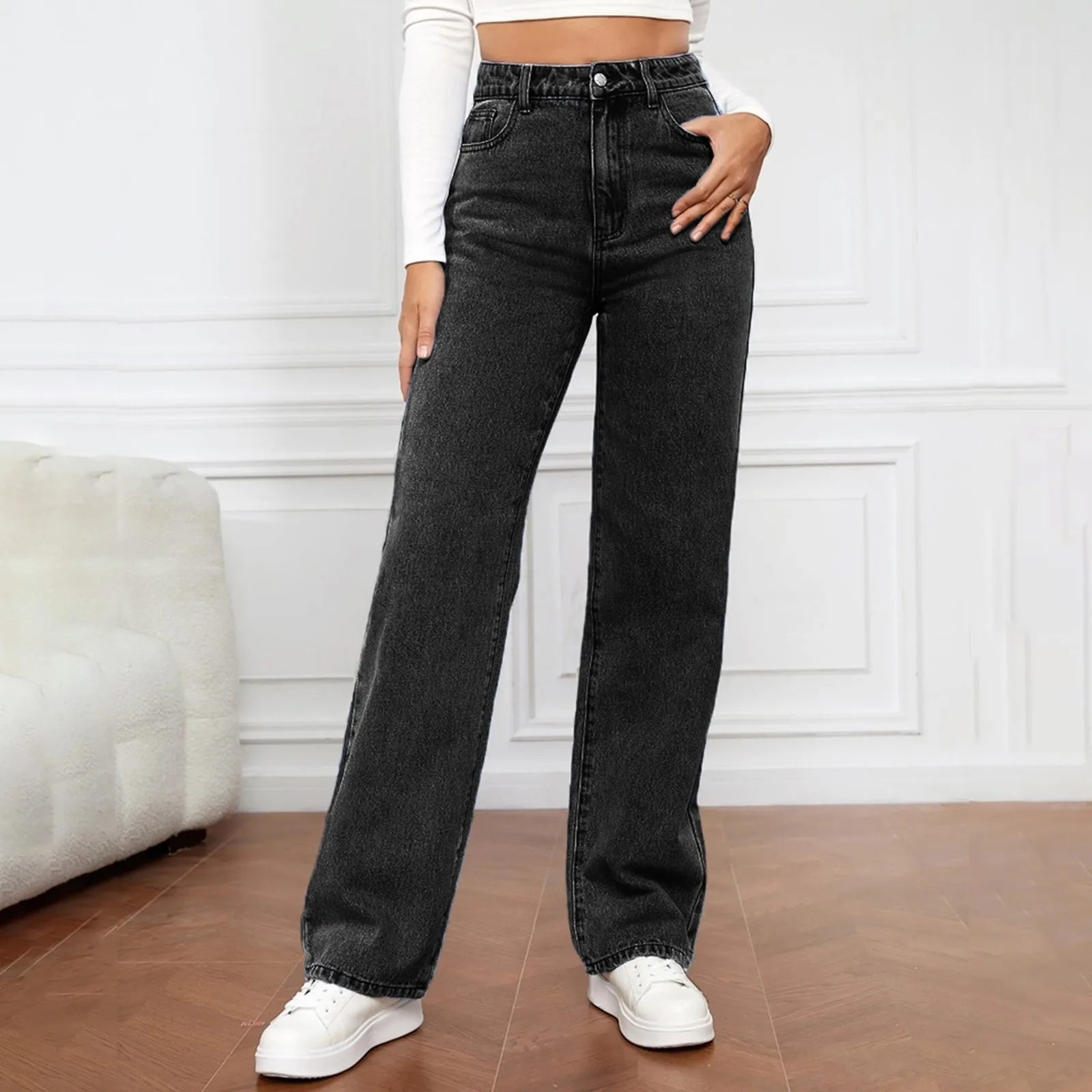 Women Fashion Straight Leg Jeans Loose Button Pocket Washed Denim Pants High Waist Stretchy Denim Trousers 2024 Female Clothes - Premium  from Lizard Vigilante - Just $30.99! Shop now at Lizard Vigilante