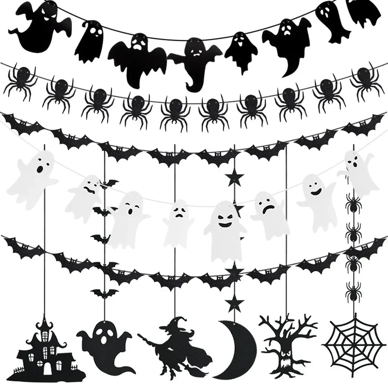 1set Halloween Decoration Banner Bunting Scary Spider Ghost Bat Hanging Garland Pull Flag Pendant For Halloween Party Home Decor