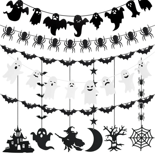 1set Halloween Decoration Banner Bunting Scary Spider Ghost Bat Hanging Garland Pull Flag Pendant For Halloween Party Home Decor