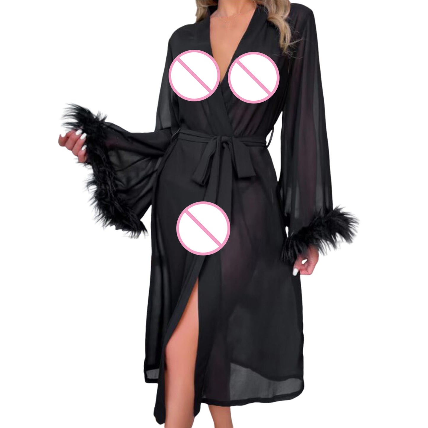 Elegant Summer Women's Silk Feather Robe – Comfortable Long-Sleeved Pajamas Nightgown - Premium robe from Lizard Vigilante - Just $28.88! Shop now at Lizard Vigilante