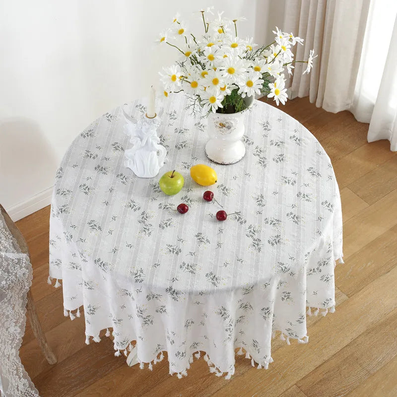 Cotton Table Cloth Round Tablecloth with Tassel Dust-Proof Floret Circular Table Cover for Kitchen Dinning Room Tabletop Decor