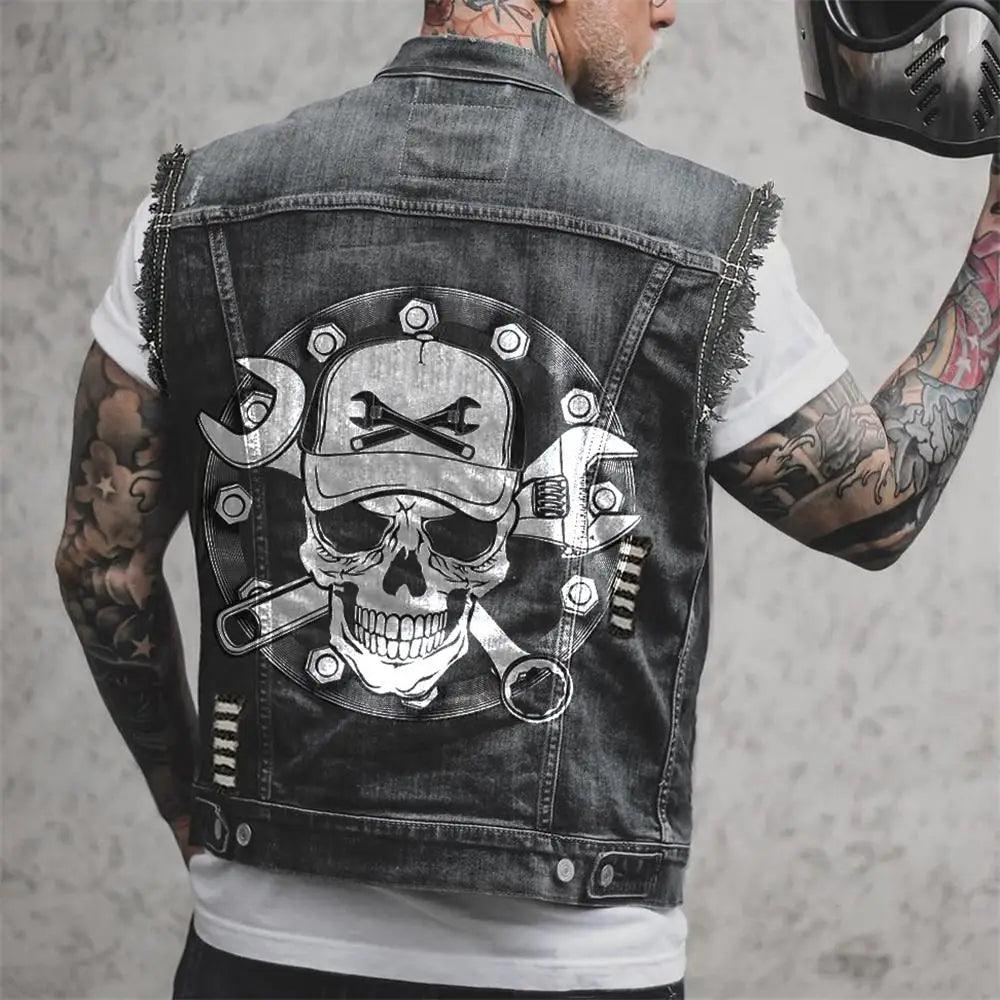 Street Motorcycle Show Winged Eagle Printing Casual Heavy Craftsmanship Worn Out Washed Men's Denim - Lizard Vigilante