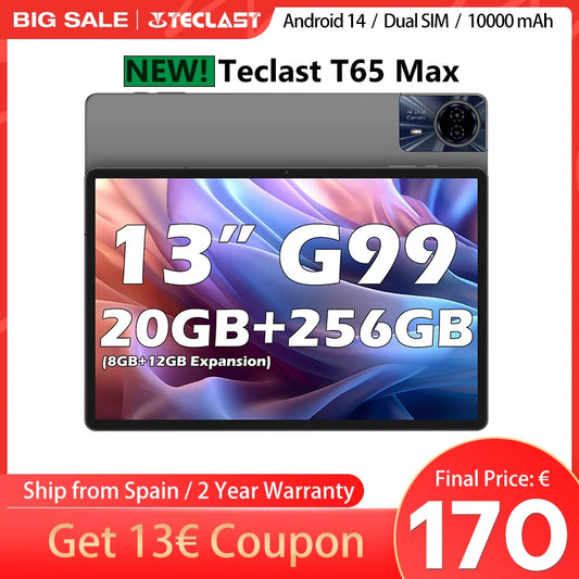 Teclast T65 Max 13 Inch Android 14 Tablet 8 Core Mediatek Helio G99 (8Gb+12Gb Expansion) Max. 20Gb Ram 256Gb Rom 10000Mah Battery Dual Sim 4g Lte 1920X1200 Gps Widevine L1 for Netflix