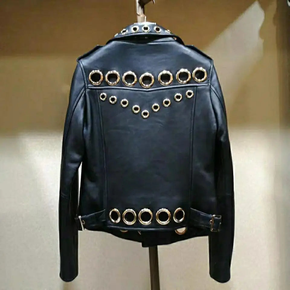 Women Chic Faux Leather Motorcycle Jacket Locomotive Bomber Coat Zipper Metal Rings Hollow Streetwear Crop Tops - Lizard Vigilante