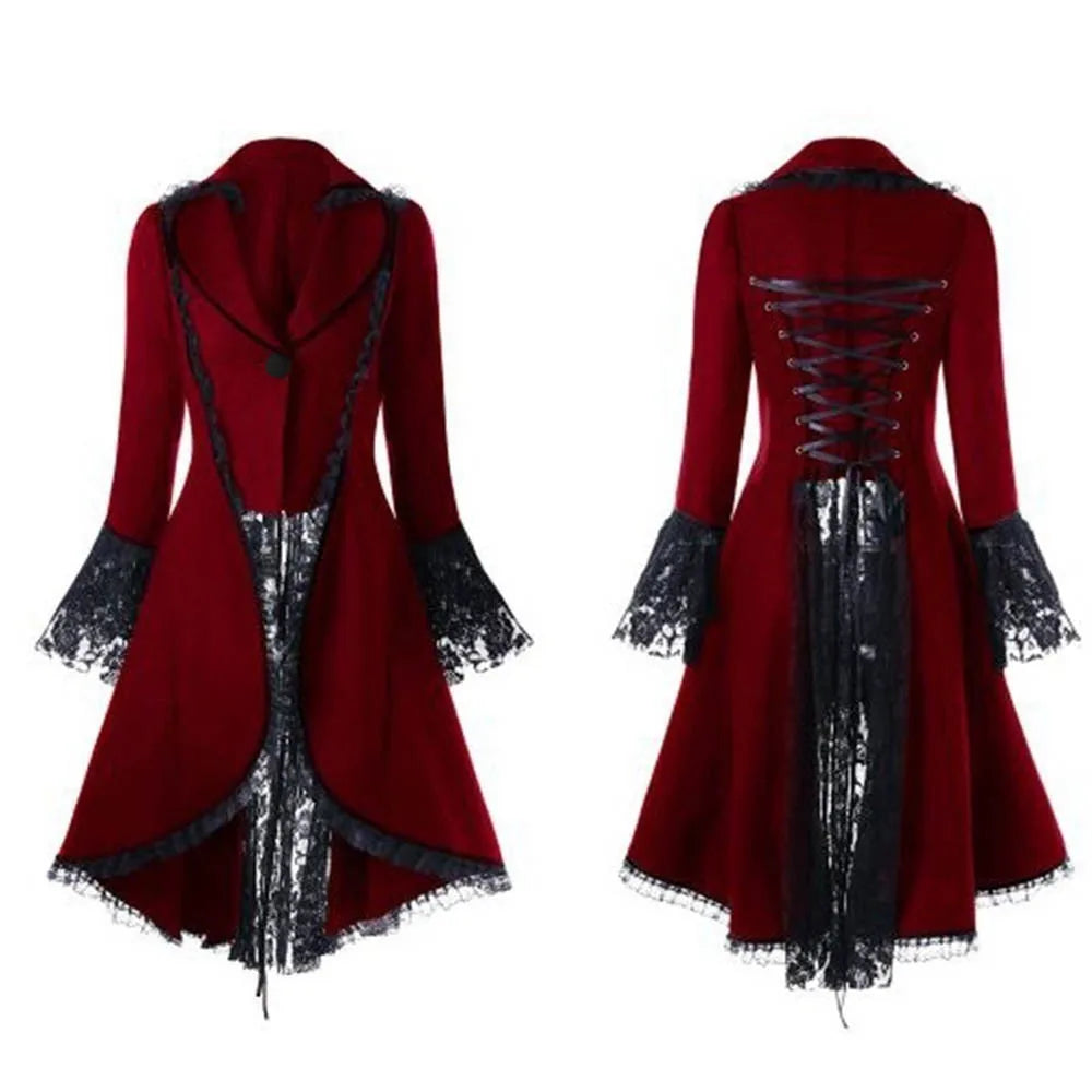 Women Lace Trim Lace-up High Low Coat Black Steampunk Victorian Style Gothic Jacket Medieval Noble Court Dress Plus Size S-5XL - Premium  from Lizard Vigilante - Just $18.99! Shop now at Lizard Vigilante