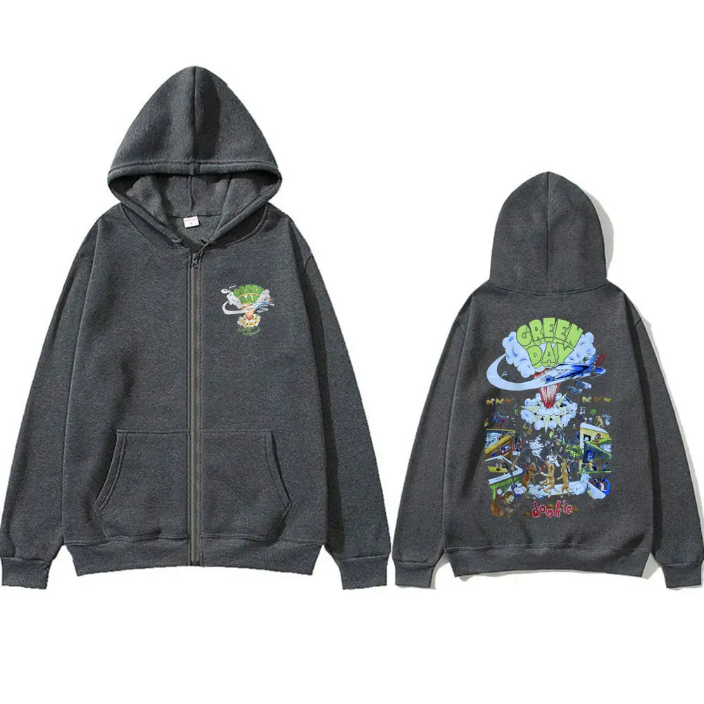 Green Day Dookie Zipper Hoodie – Vintage Rock Zip-Up Jacket for Men | Gothic Hip Hop Streetwear Hoodie - Premium hoodie from Lizard Vigilante - Just $52.88! Shop now at Lizard Vigilante