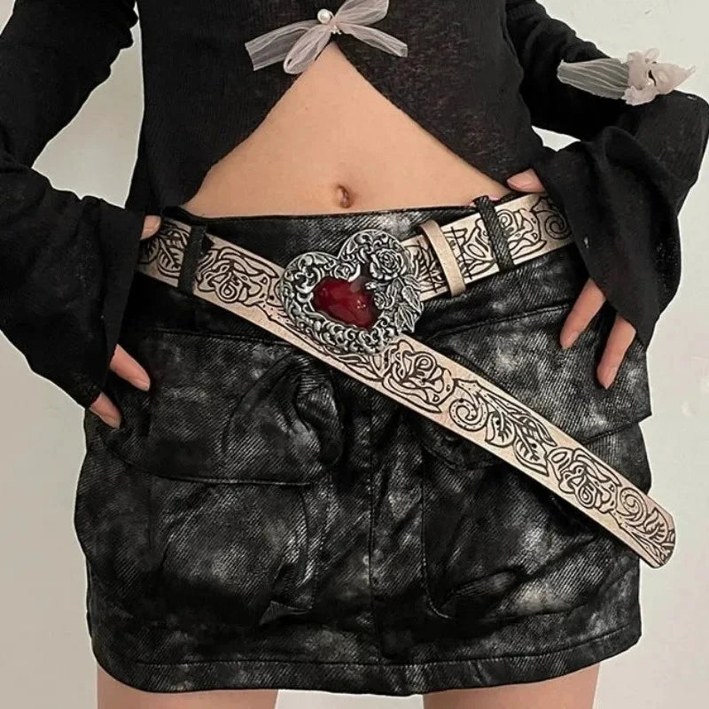 Gothic Punk Y2K Belt with Red Peach Heart Buckle – Women's Adjustable PU Leather Waist Strap for Jeans & Accessories - Premium  from Lizard Vigilante - Just $22.89! Shop now at Lizard Vigilante