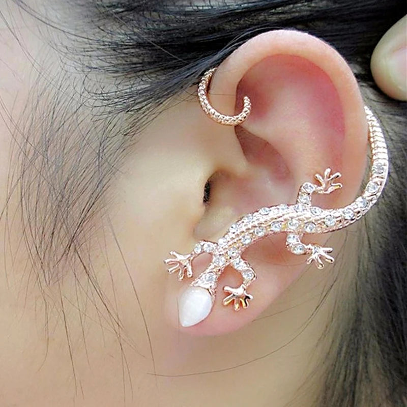 Fashion Rhinestone Gecko Ear Cuff Earrings – Exaggerated Lizard Design in Rose Gold – Luxury Acrylic and Alloy Construction - Premium earrings from Lizard Vigilante - Just $21.08! Shop now at Lizard Vigilante