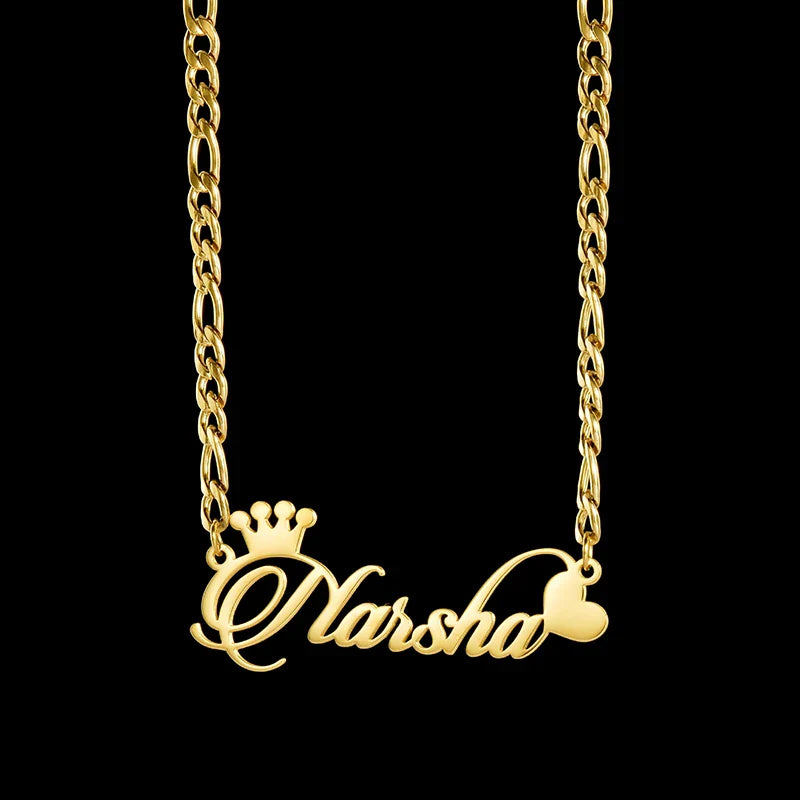 Goxijite Custom Name Collar Customized Crown Heart Nameplate Charm Necklaces Figaro Chain Stainless Steel Women Jewelry Gift