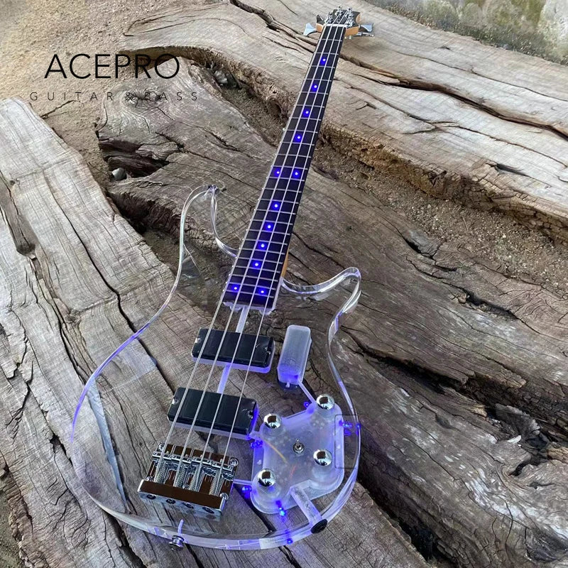 Lizard Vigilante Blue LED Electric Bass Guitar – Clear Acrylic Body, Maple Neck, Rosewood Fingerboard, 4-String Professional Bass - Premium Electric bass guitar from Lizard Vigilante - Just $588.88! Shop now at Lizard Vigilante