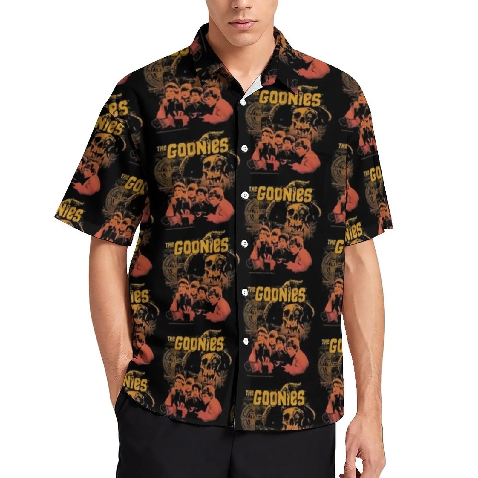 Retro Goonies Print Hawaiian Beach Shirt – 80s Classic Movie-Inspired Casual Button-Up for Men, Plus Size - Premium beach shirt from Lizard Vigilante - Just $26.88! Shop now at Lizard Vigilante