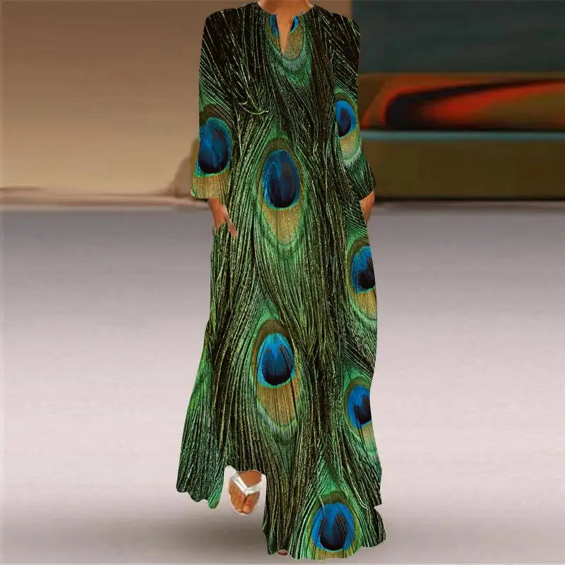 Women Autumn Winter Long Dress Elegant Party Casual V Neck Long Sleeve Vestids Style Loose Stripe Printing Vintage Maxi Dresses