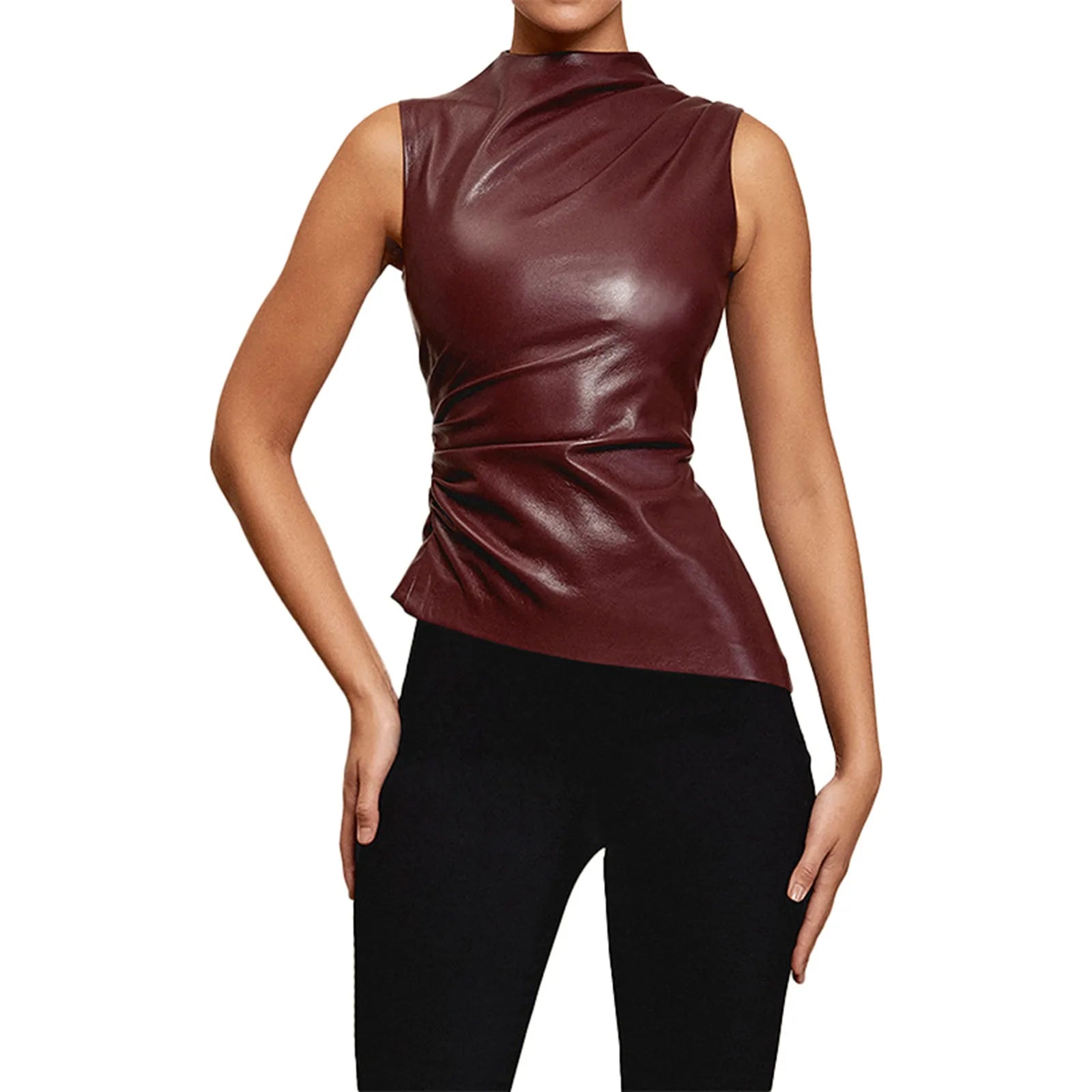 PU Leather Tank Tops Women Summer Sleeveless Pleated Slim Female Top Sexy Sheath Zipper Elastic Lady Ruched Shirt Streetwear - Premium  from Lizard Vigilante - Just $12.99! Shop now at Lizard Vigilante