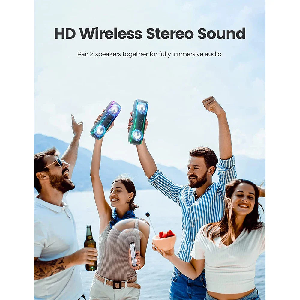 WISETIGER Bluetooth Speaker Outdoor IPX7 Waterproof 25W BT5.3 Loudspeaker Stereo Surround Speaker with Cool Pulsing EQ Lights