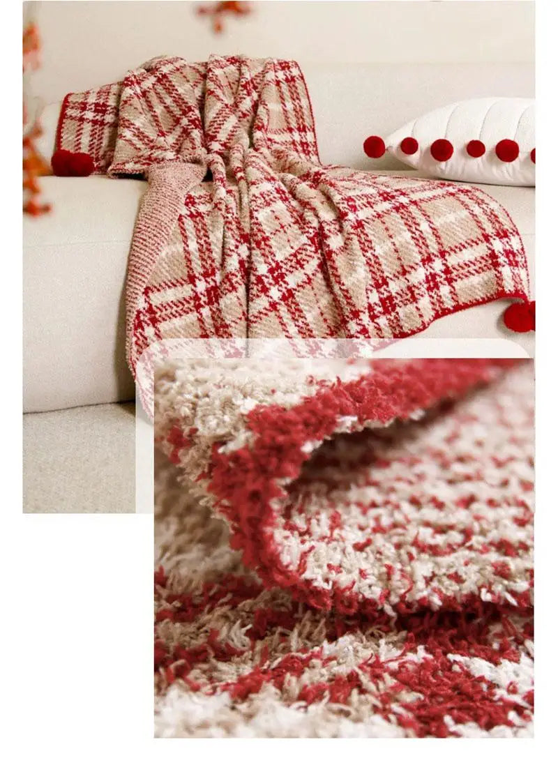 Half Flannel Plaid Blanket with Wool Balls Four Season Universal Red Soft Sofa Blanket Warm Napping Shawl for Home Travel