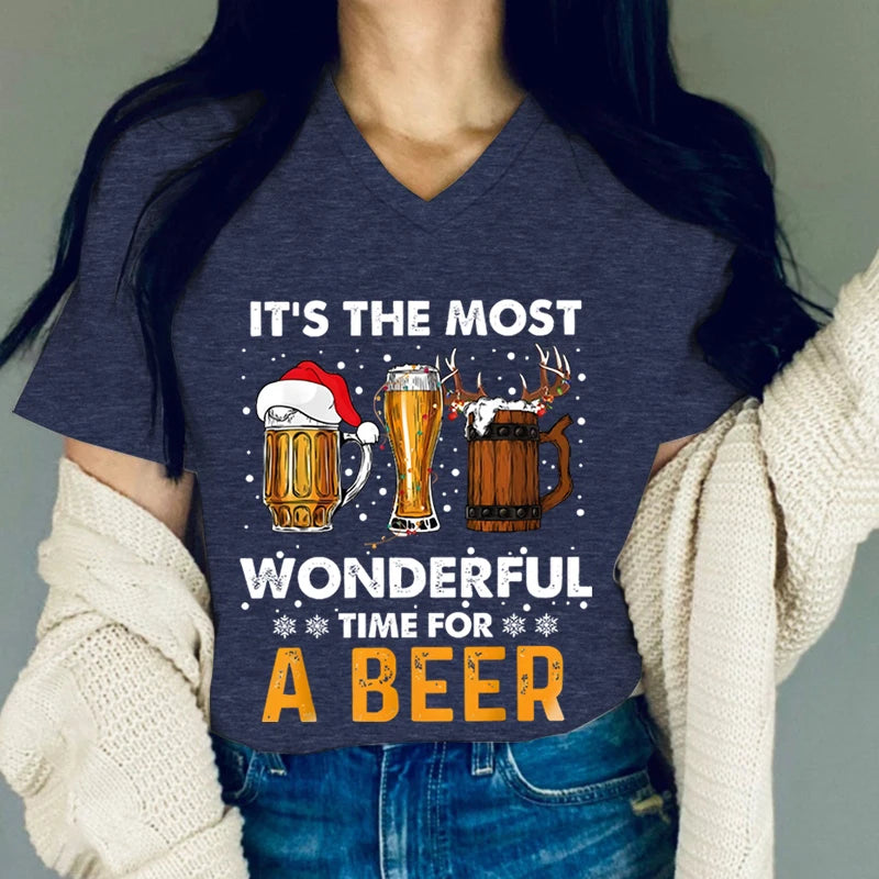 "It's The Most Wonderful Time for A Beer" V-Neck Tee – Casual Christmas Shirt - Premium T-Shirt from Lizard Vigilante - Just $23.88! Shop now at Lizard Vigilante