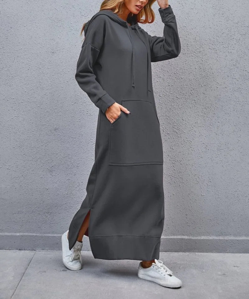 Women’s Hoodie Dress Winter Warm Lace-Up Hem Long Sweatshirt Casual Loose Midi Robe