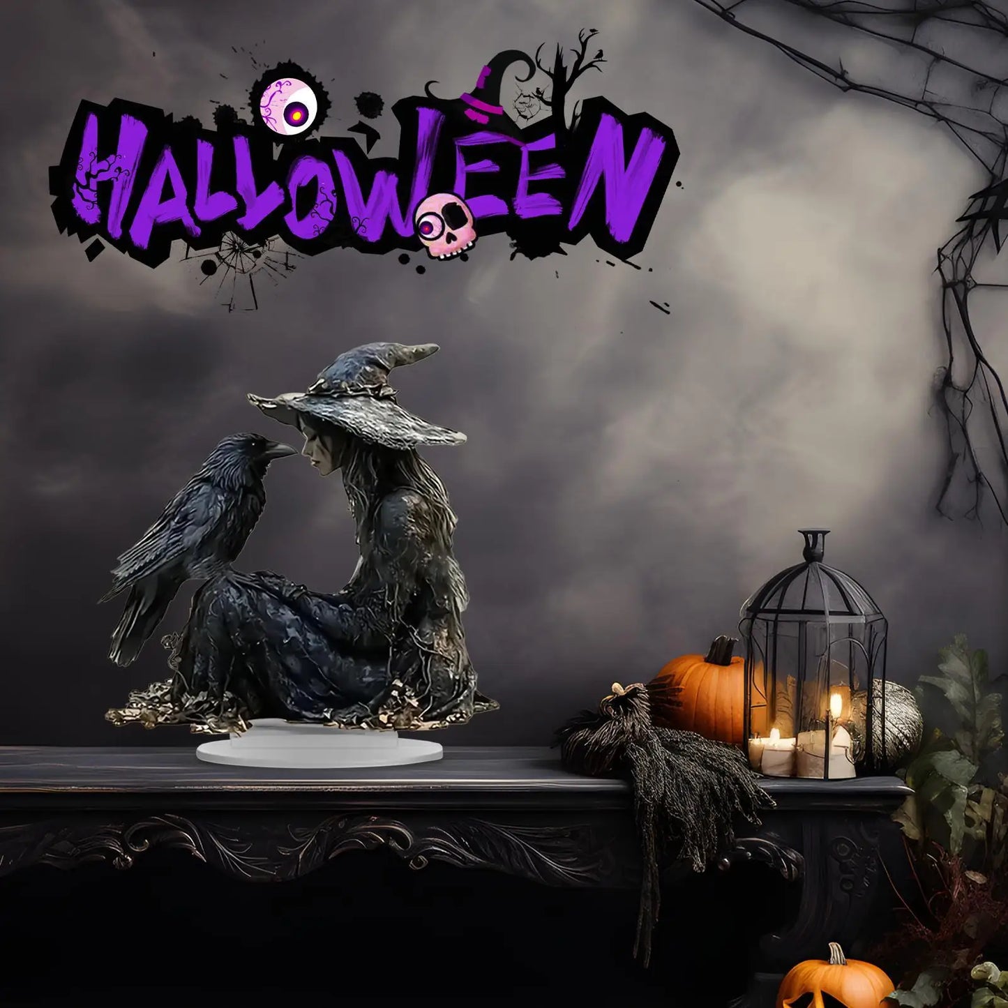 Halloween Desk Decor 2D Acrylic Indoor Tabletop Sign Gothic Witch Crow Ornament for Halloween Dorm Nightstand Studio Shelf