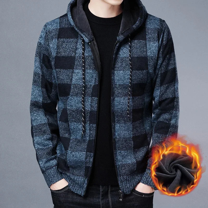 Men's Luxury Checkered Knit Hooded Cardigan – High-Quality Fleece Winter Sweater Jacket with Zipper Closure - Premium cardigan sweater from Lizard Vigilante - Just $46.66! Shop now at Lizard Vigilante