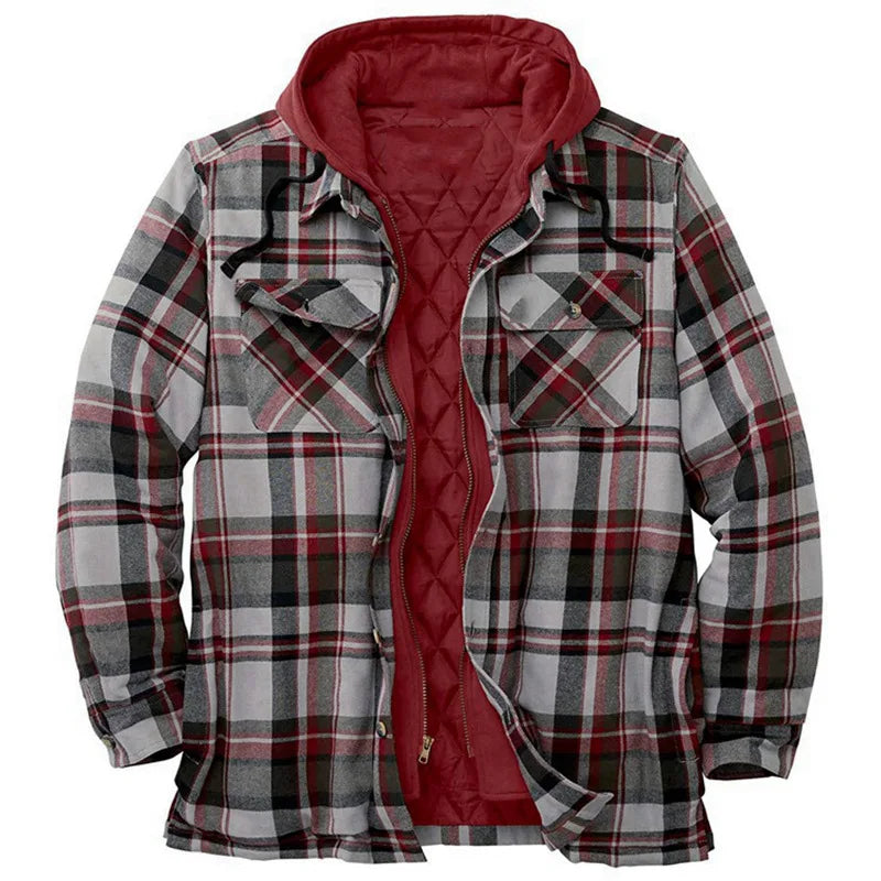 Oversized Plaid Patchwork Hooded Shirt Jacket – Men's Casual Streetwear Outerwear for Autumn & Winter - Premium jacket from Lizard Vigilante - Just $46.66! Shop now at Lizard Vigilante