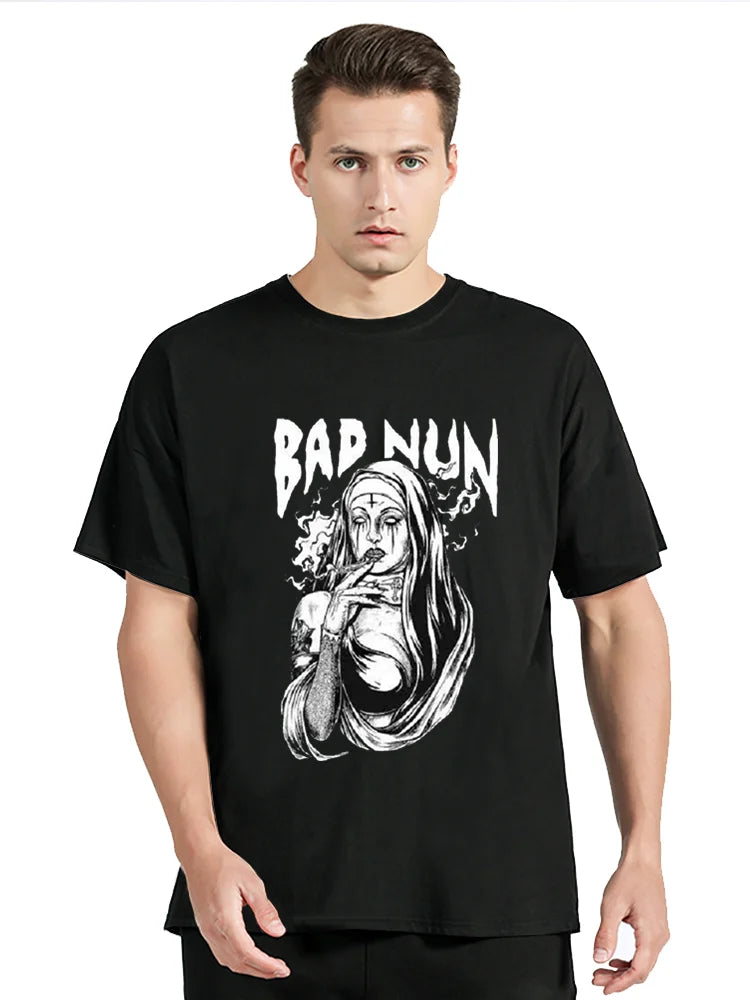 Nun Tee Tattoos Unholy Satanic T-shirt Summer Comfort Funny Tee Print Cotton Unisex Clothing Oversized Top - Lizard Vigilante