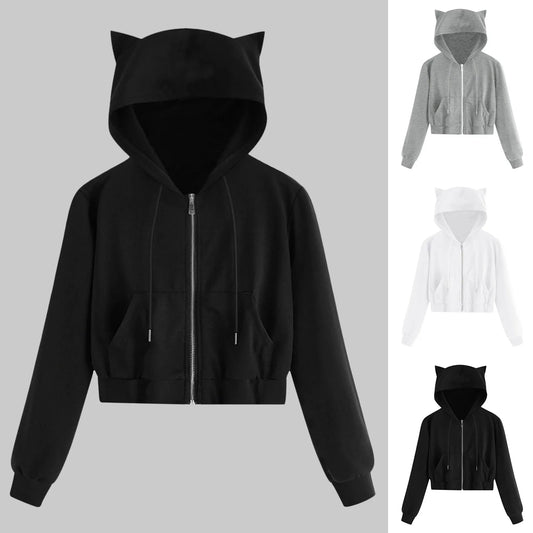 Kawaii Cat Ear Zip-Up Cropped Hoodie – Casual Sweatshirt with Drawstring & Pocket, Adorable Harajuku Style for All Seasons - Premium hoodie from Lizard Vigilante - Just $38.88! Shop now at Lizard Vigilante