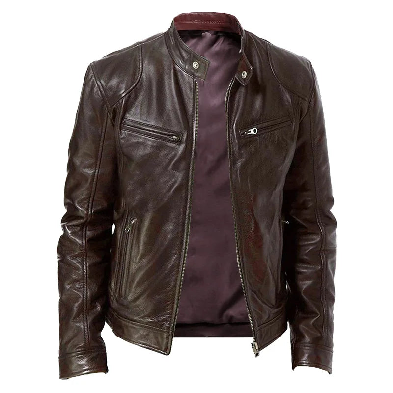 Men's PU Leather Motorcycle Jacket – Slim Biker Windbreaker with Pillow Collar - Premium jacket from Lizard Vigilante - Just $58.88! Shop now at Lizard Vigilante