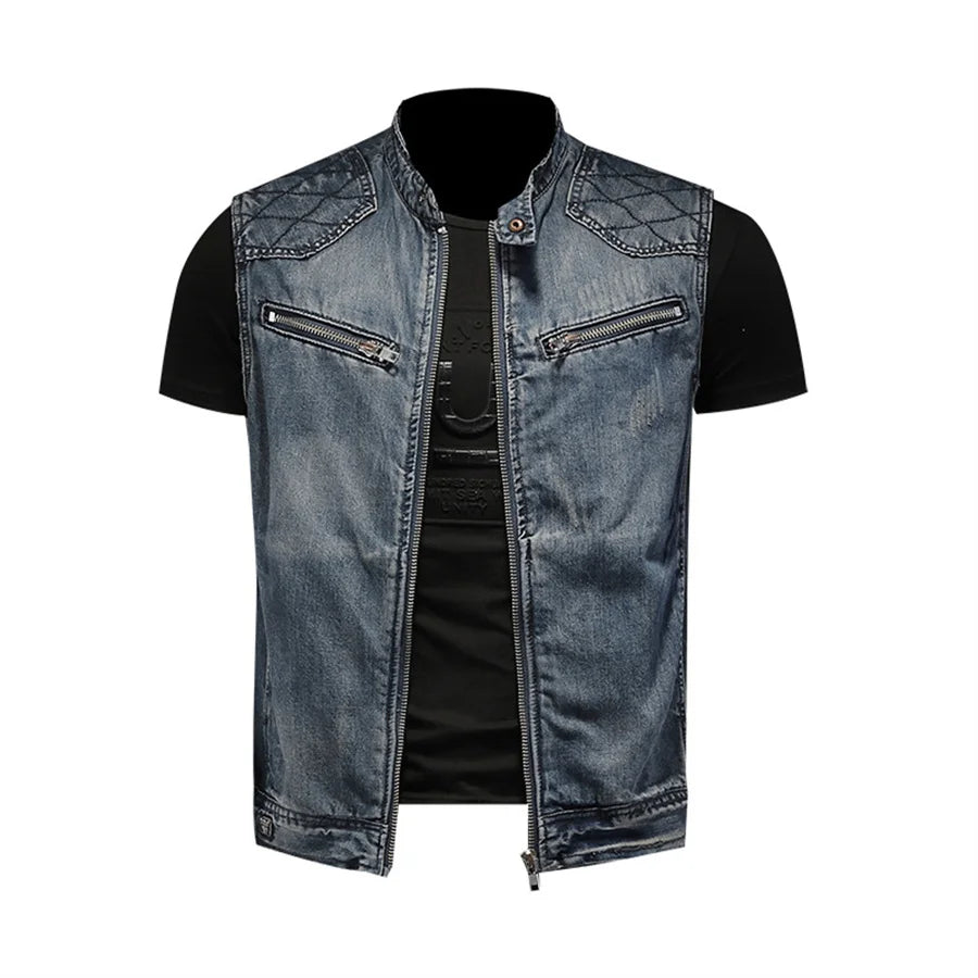 Punk Style Men's Denim Vest Sleeveless Jeans Jacket Men Ripped Slim Fit Waistcoat Stand Collar Cowboy Tops Hip Hop Streetwear - Premium  from Lizard Vigilante - Just $55.99! Shop now at Lizard Vigilante