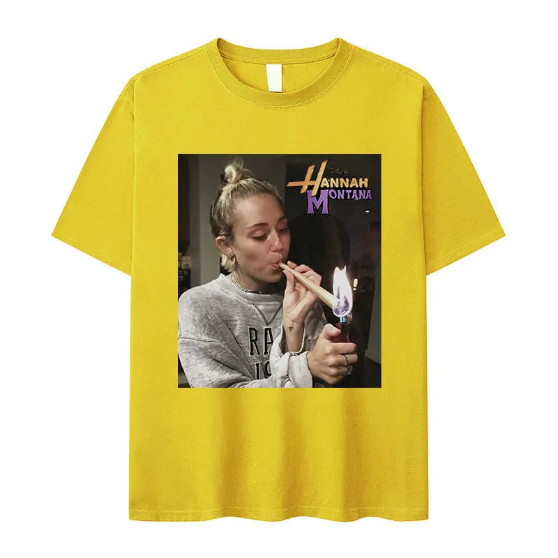 Miley Cyrus Funny Smoking Graphic T-Shirt | Hannah Montana Vintage Aesthetic Men’s & Women’s Casual Oversized Cotton Tee - Premium T-Shirt from Lizard Vigilante - Just $26.66! Shop now at Lizard Vigilante