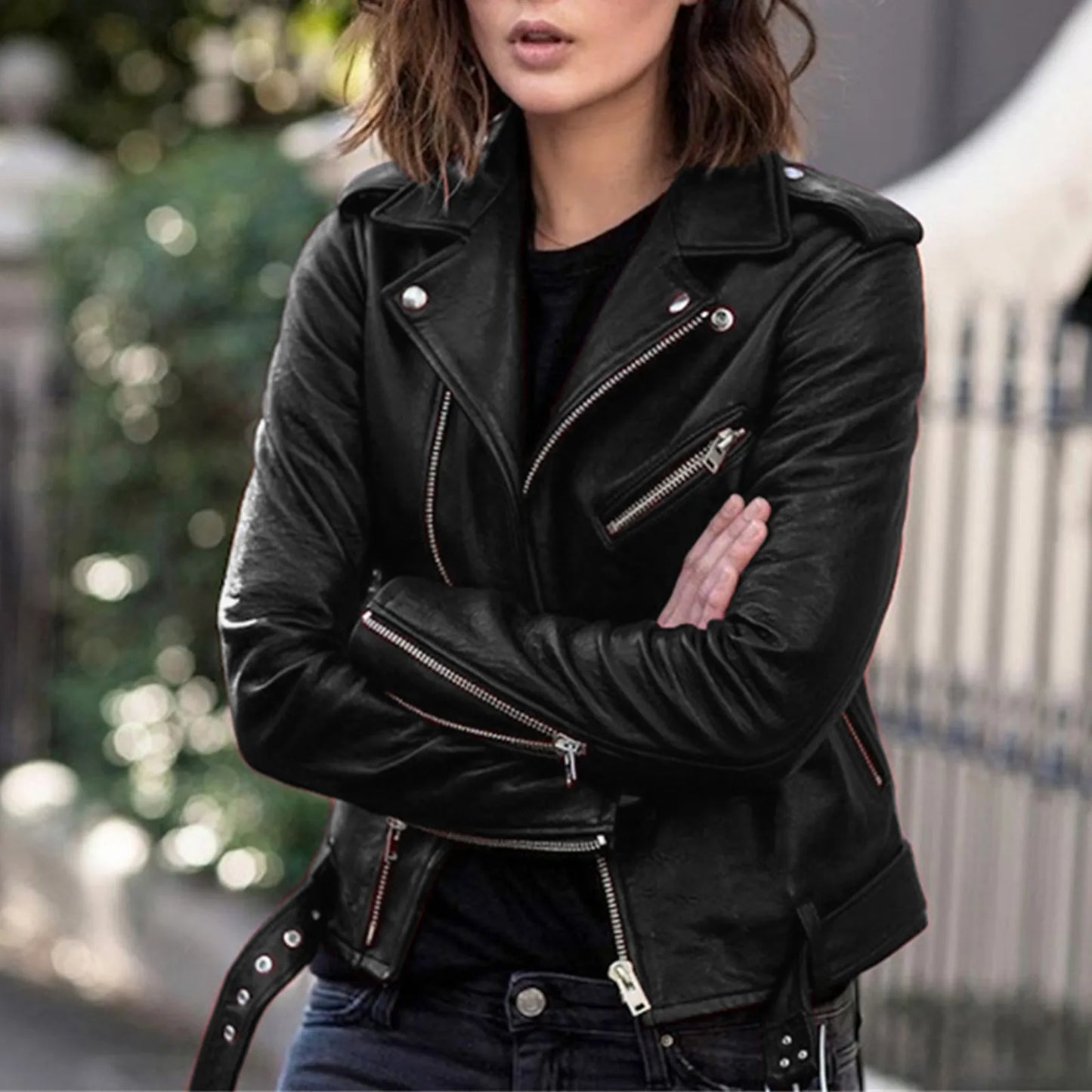 Women's Fashion Faux Leather Moto Biker Jacket - Long Sleeve Zipper Leather Coat - Premium jackets from Lizard Vigilante - Just $44.88! Shop now at Lizard Vigilante